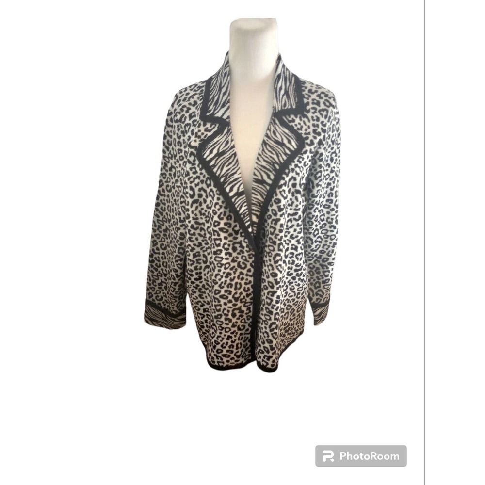 Chicos Cardigan Women Sz 2 L Black White Zebra Drapey Snow Leopard Knit Sweater
